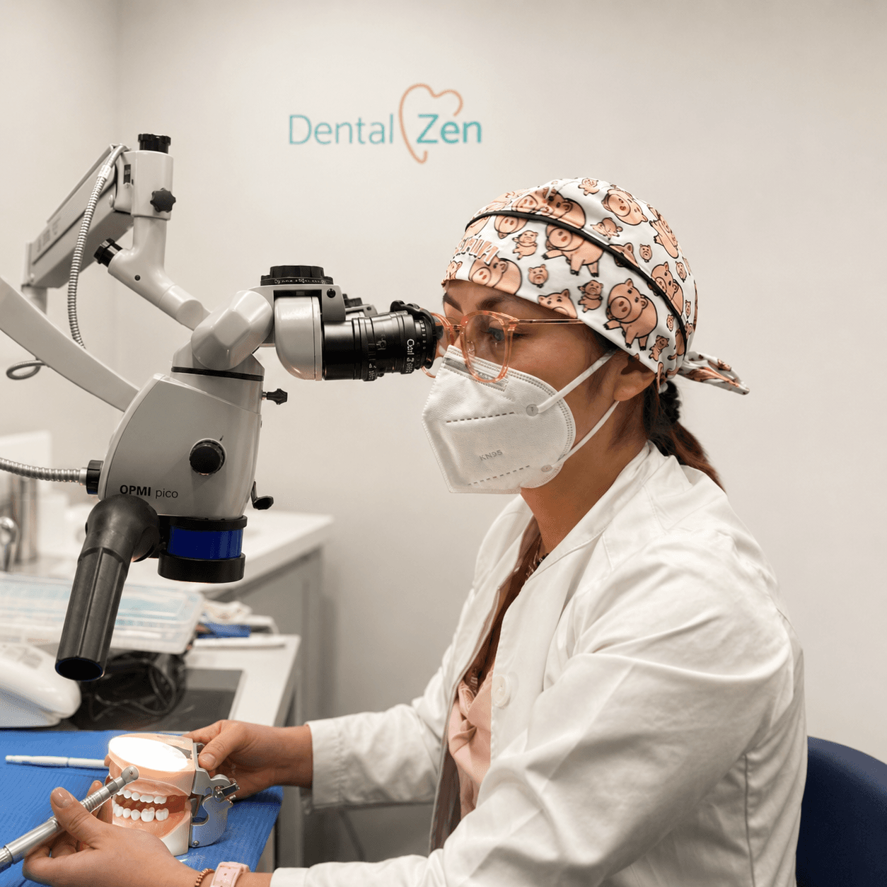 Dra. Aura utilizando microscopio dental de alta precisión en DentalZen